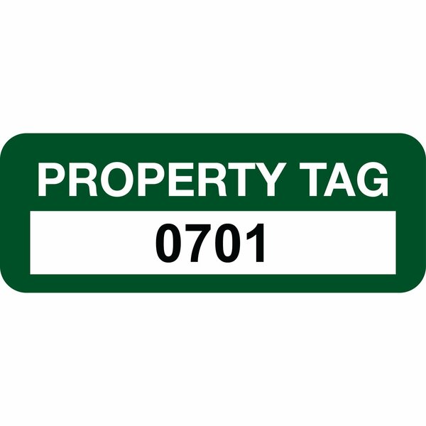 Lustre-Cal Property ID Label PROPERTY TAG Polyester Green 2in x 0.75in  Serialized 0701-0800, 100PK 253744Pe1G0701